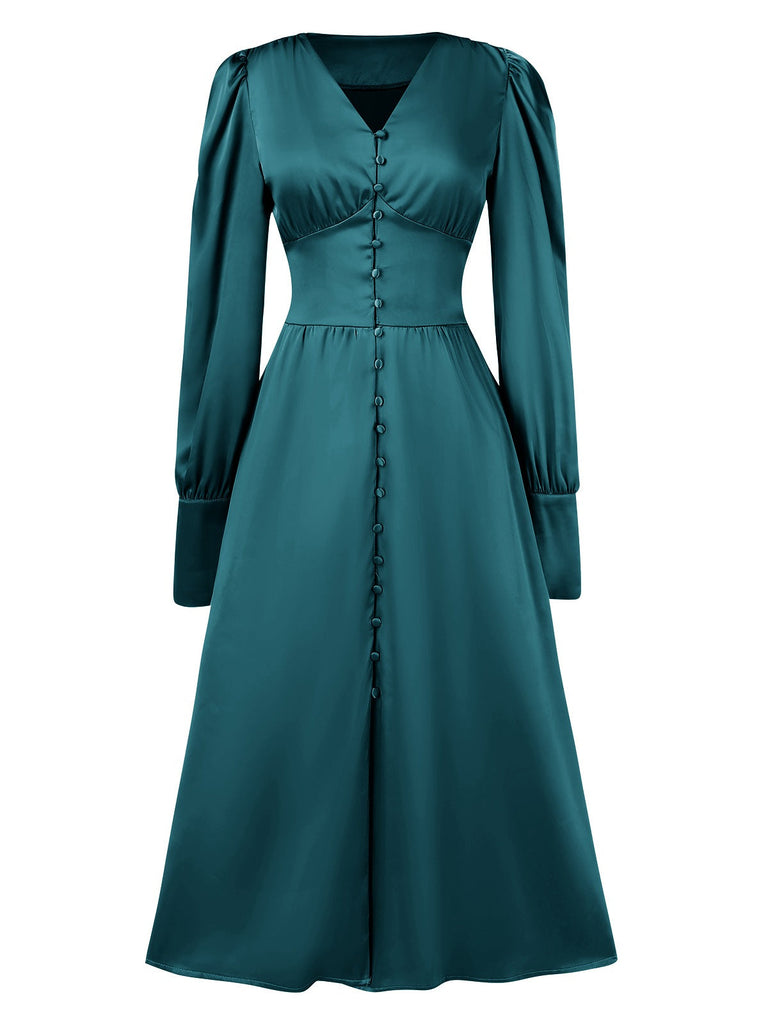 1940er Solide V-Ausschnitt Kunstsatin Geknöpft Kleid