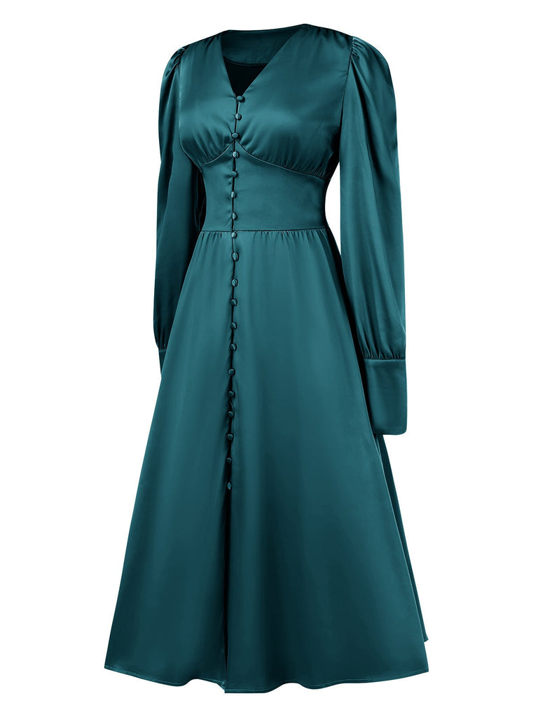 1940er Solide V-Ausschnitt Kunstsatin Geknöpft Kleid