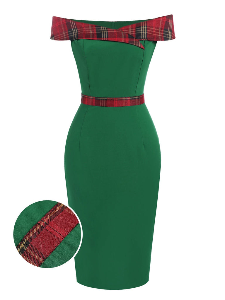 Grün 1960er Tartan Patchwork Schulterfrei Kleid