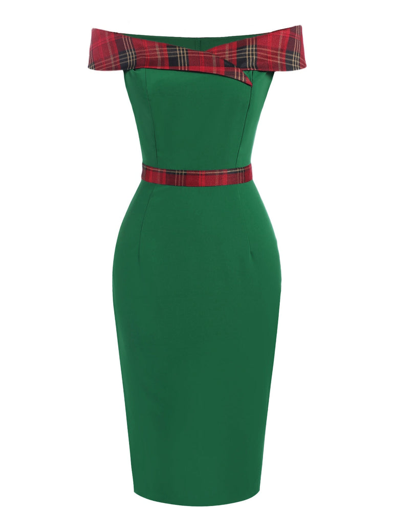 Grün 1960er Tartan Patchwork Schulterfrei Kleid