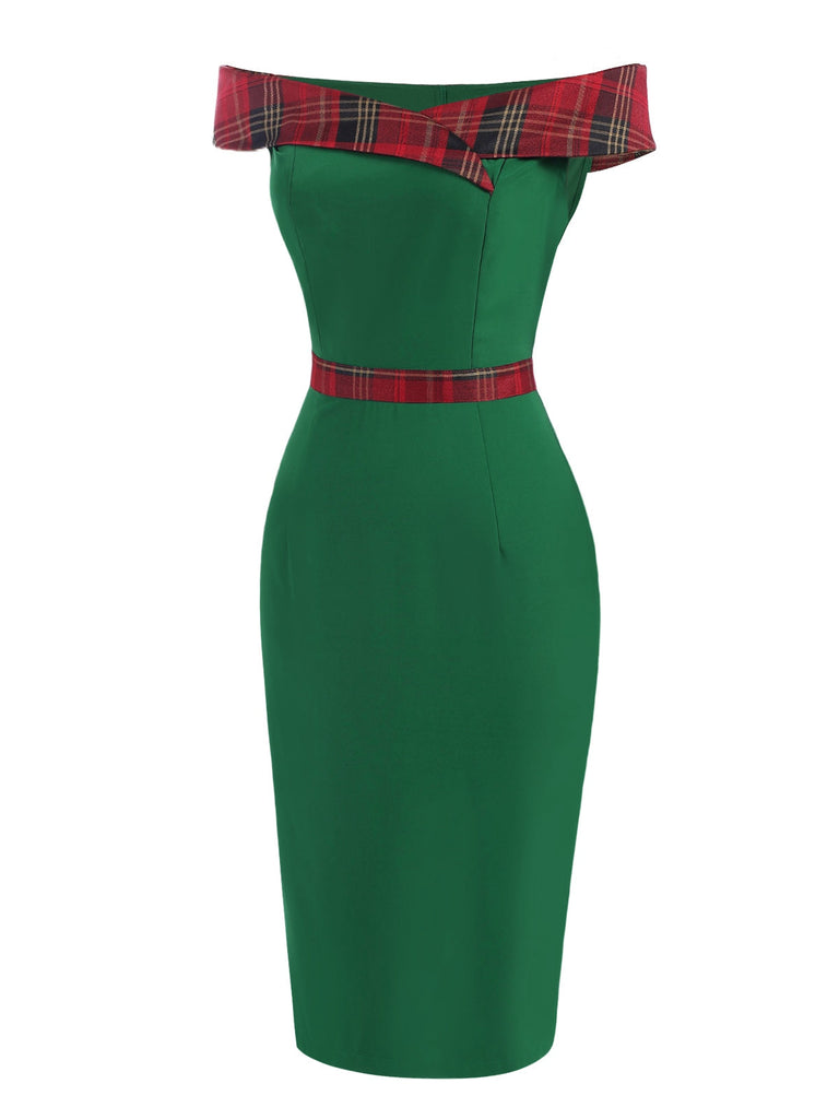 Grün 1960er Tartan Patchwork Schulterfrei Kleid
