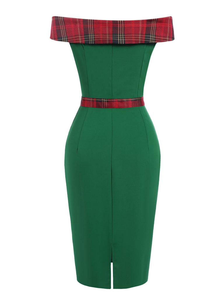Grün 1960er Tartan Patchwork Schulterfrei Kleid