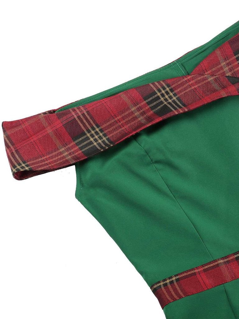 Grün 1960er Tartan Patchwork Schulterfrei Kleid