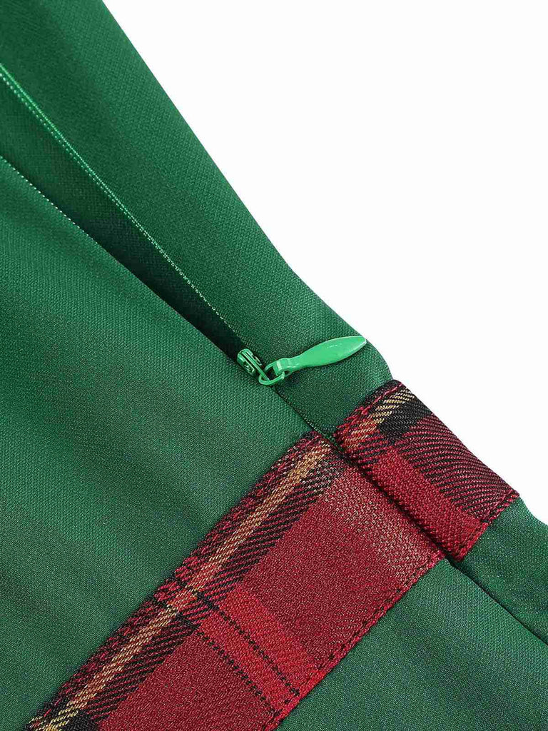 Grün 1960er Tartan Patchwork Schulterfrei Kleid