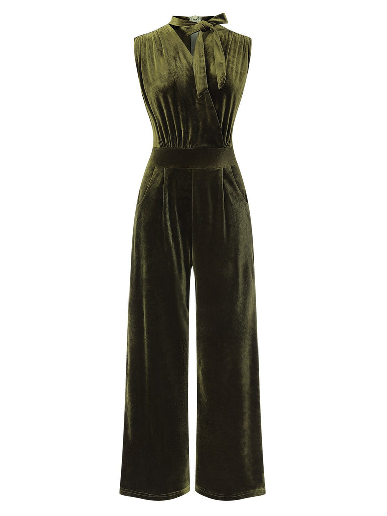 [Vorverkauf] Grün 1940er Krawattenhals Samt Jumpsuit