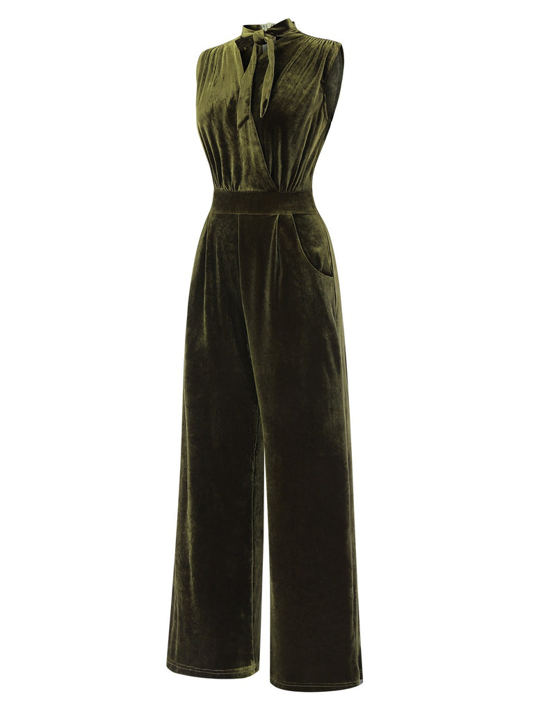 [Vorverkauf] Grün 1940er Krawattenhals Samt Jumpsuit