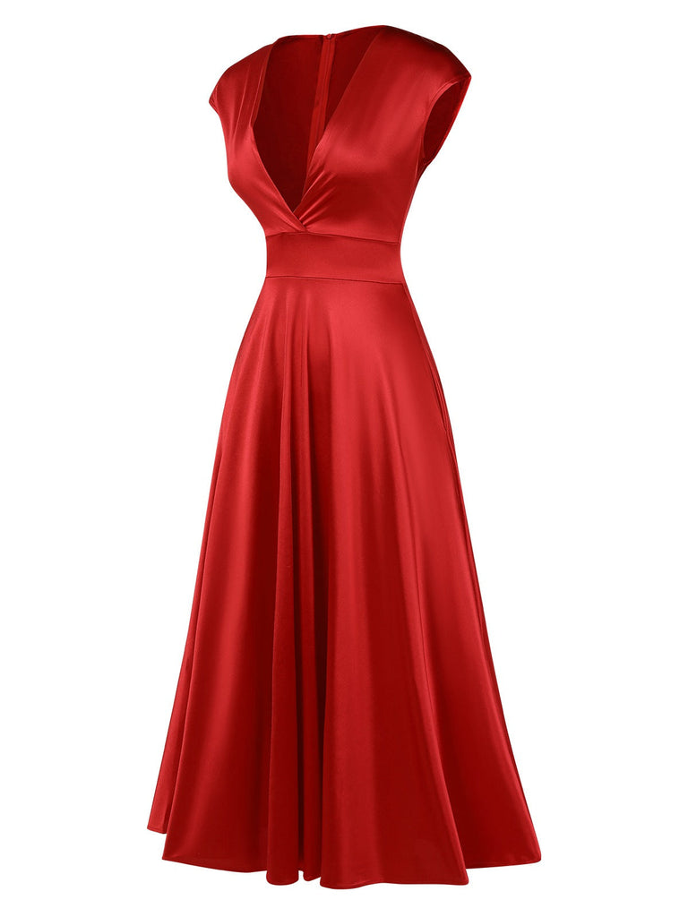 Rot 1930er Solide Tiefer V-Ausschnitt Satin Kleid