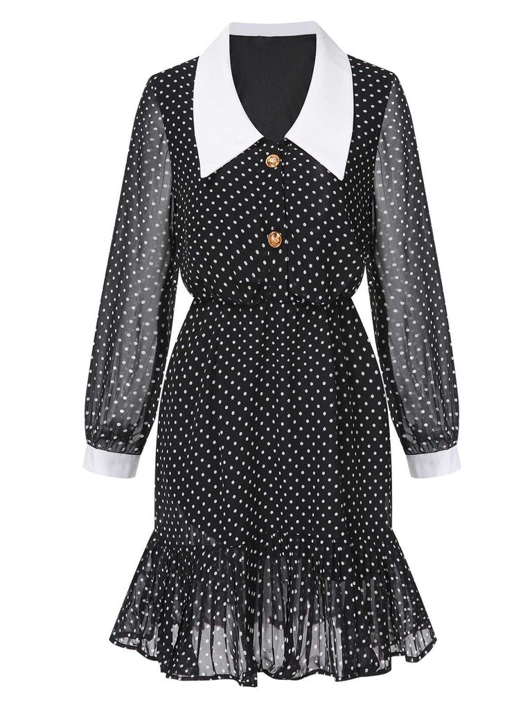 Schwarz 1940er Polka Dot Kontrast Kragen Kleid