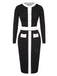 Schwarz 1960er Solide Farbblock Wickelkleid