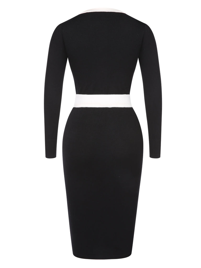Schwarz 1960er Solide Farbblock Wickelkleid