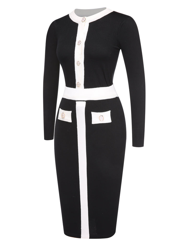 Schwarz 1960er Solide Farbblock Wickelkleid