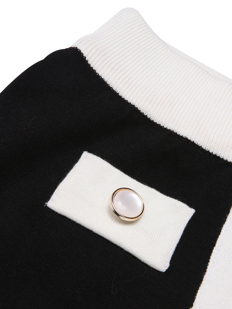 Schwarz 1960er Solide Farbblock Wickelkleid