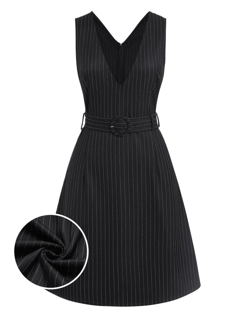 Schwarz 1960er Streifen V-Ausschnitt Gürtel Kleid