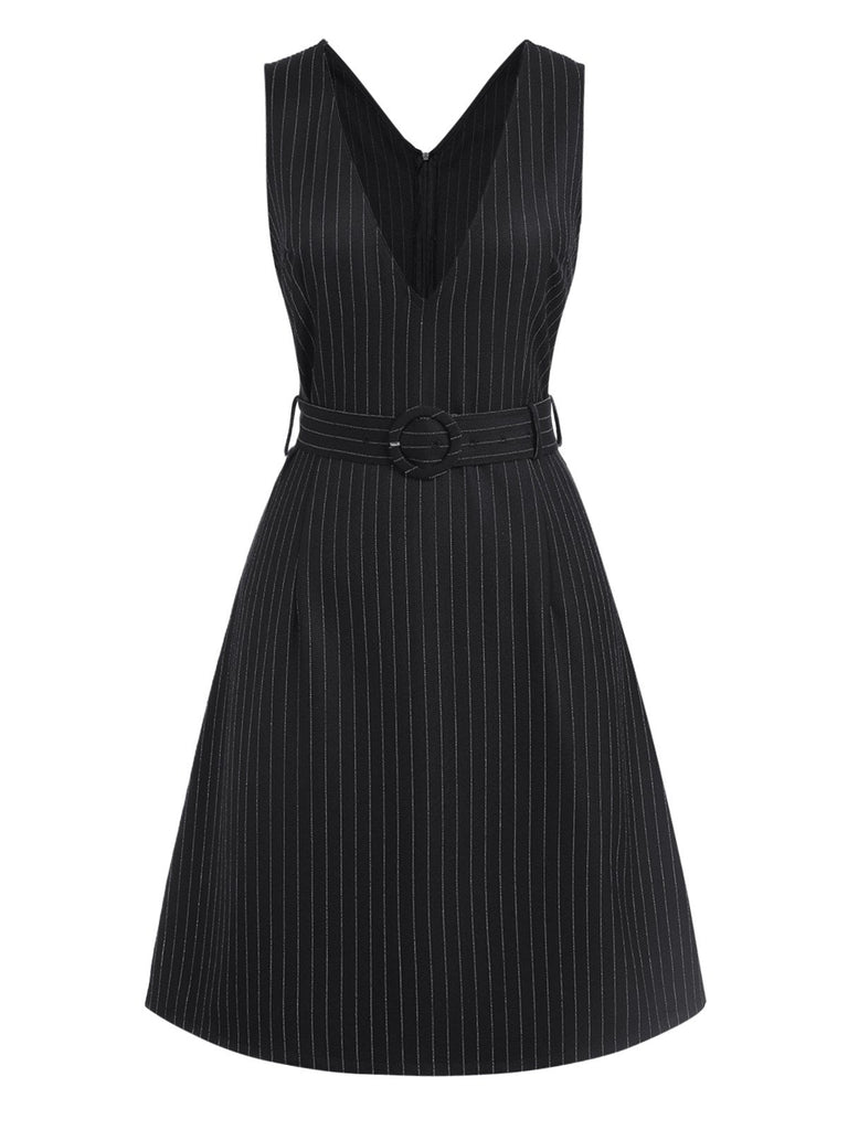 Schwarz 1960er Streifen V-Ausschnitt Gürtel Kleid