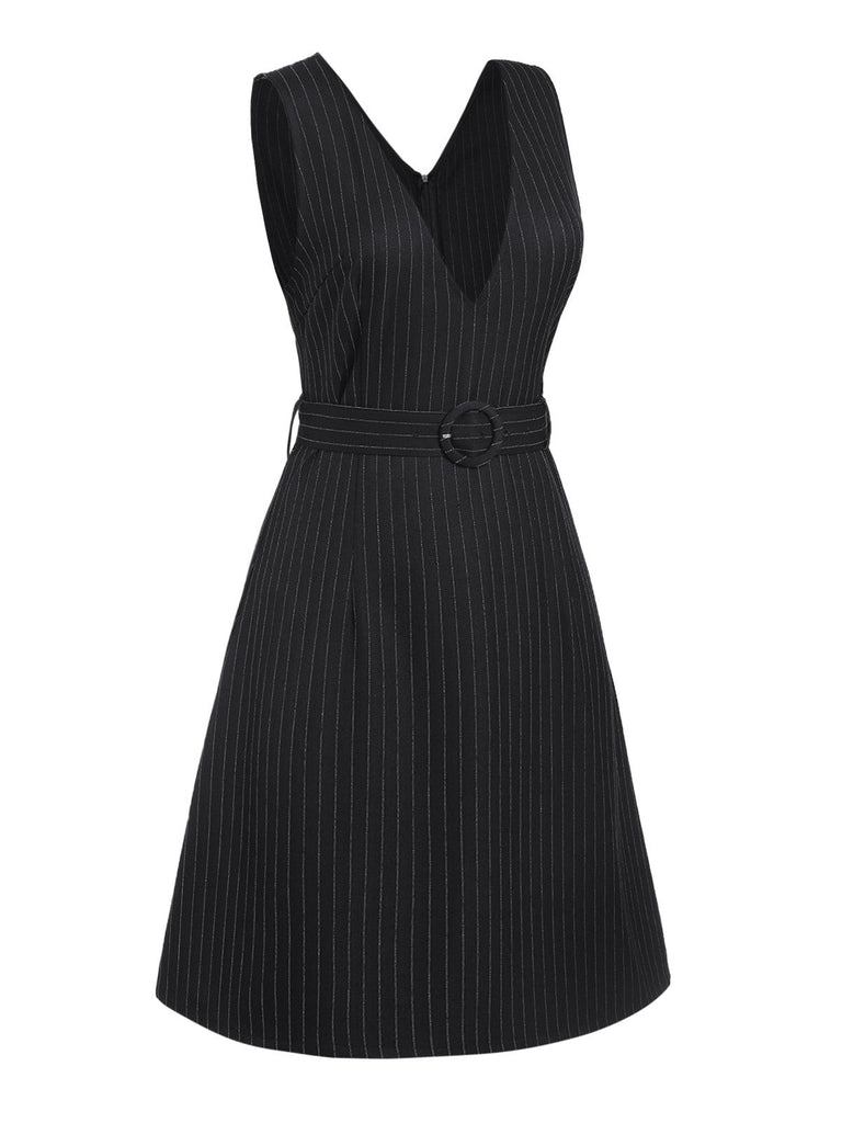 Schwarz 1960er Streifen V-Ausschnitt Gürtel Kleid