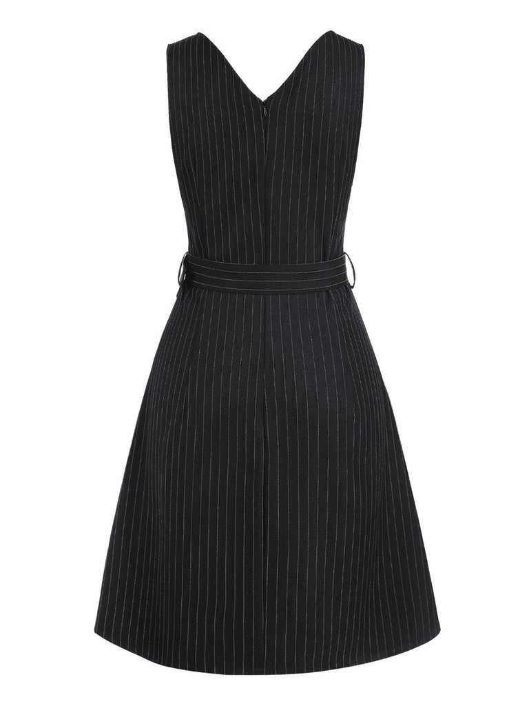 Schwarz 1960er Streifen V-Ausschnitt Gürtel Kleid