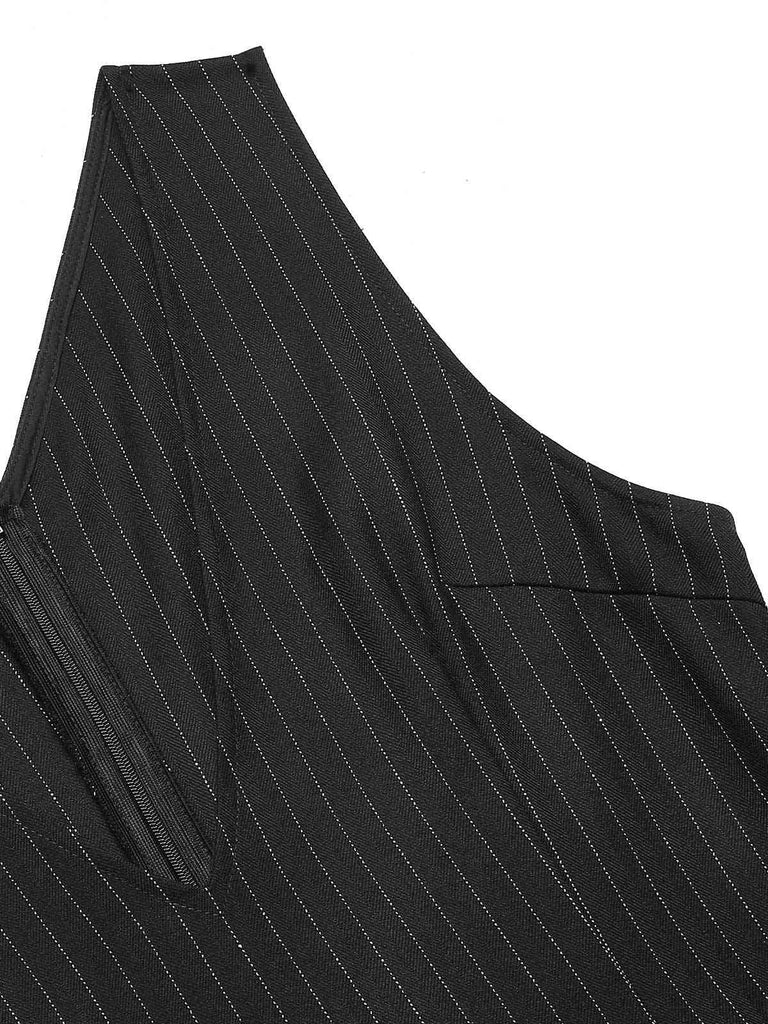 Schwarz 1960er Streifen V-Ausschnitt Gürtel Kleid