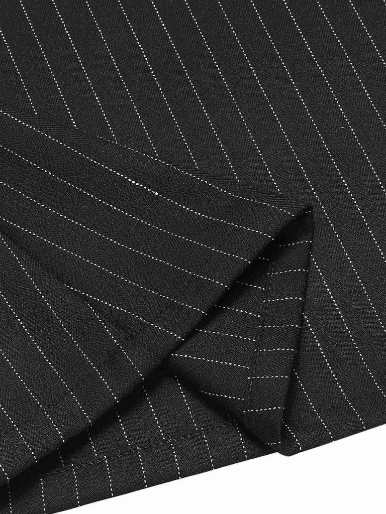 Schwarz 1960er Streifen V-Ausschnitt Gürtel Kleid