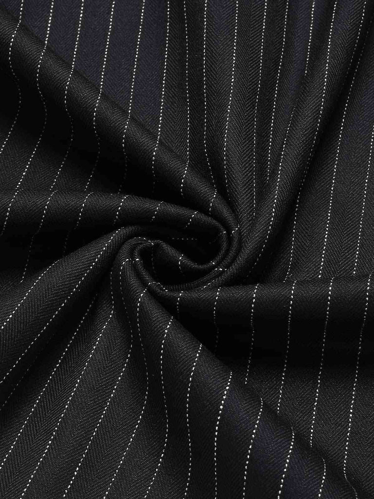 Schwarz 1960er Streifen V-Ausschnitt Gürtel Kleid