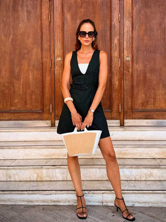 Schwarz 1960er Streifen V-Ausschnitt Gürtel Kleid