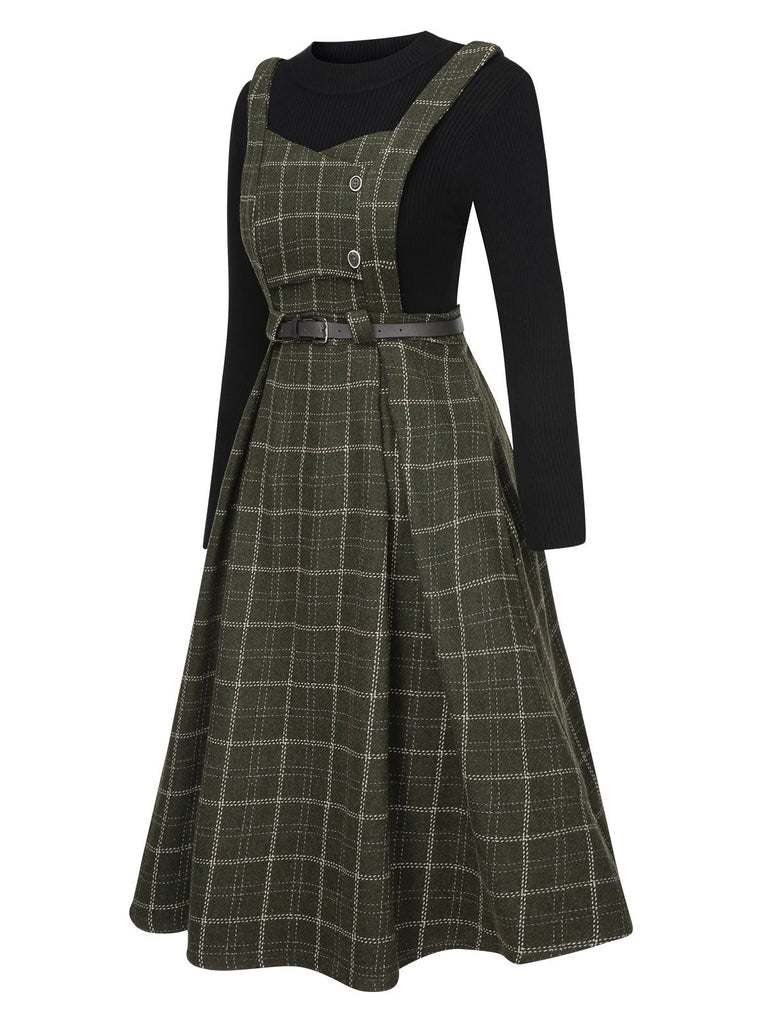 2PCS 1950er Solide Top & Plaids Gürtel Schürze Kleid