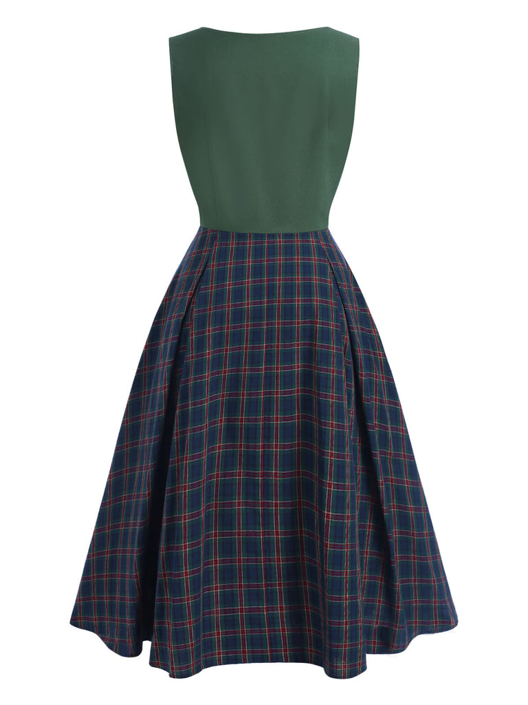 [Vorverkauf] Grün 1940er Plaids Patchwork Ärmellos Kleid