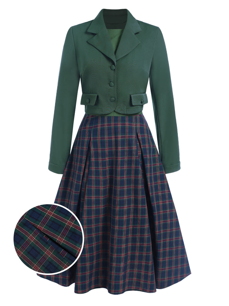 2PCS Grün 1940er Revers Knöpfen Blazer & Plaids Kleid