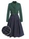 2PCS Grün 1940er Revers Knöpfen Blazer & Plaids Kleid