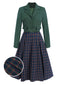 2PCS Grün 1940er Revers Knöpfen Blazer & Plaids Kleid