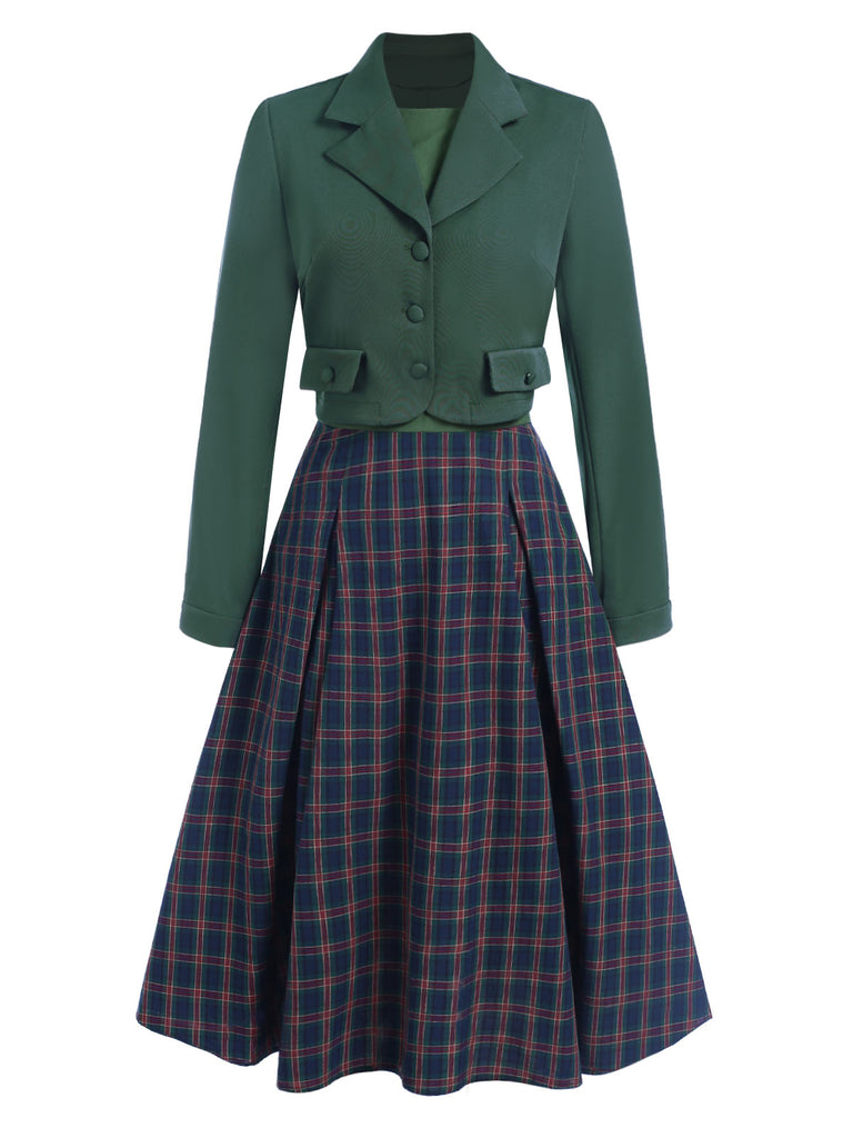 2PCS Grün 1940er Revers Knöpfen Blazer & Plaids Kleid