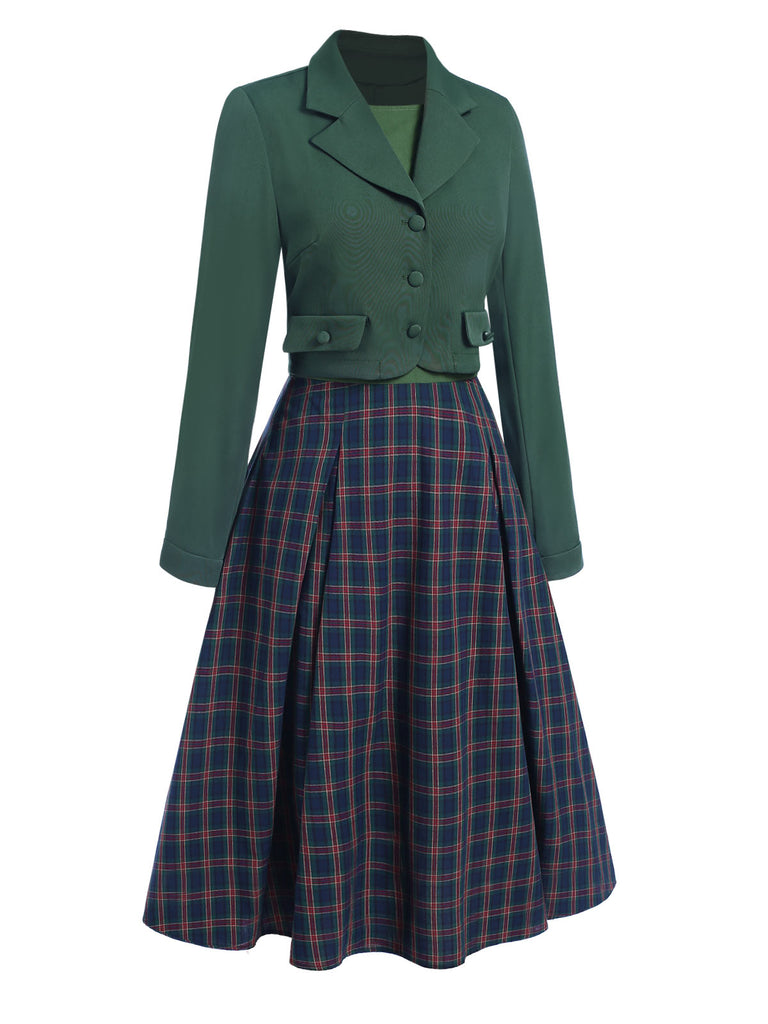 2PCS Grün 1940er Revers Knöpfen Blazer & Plaids Kleid