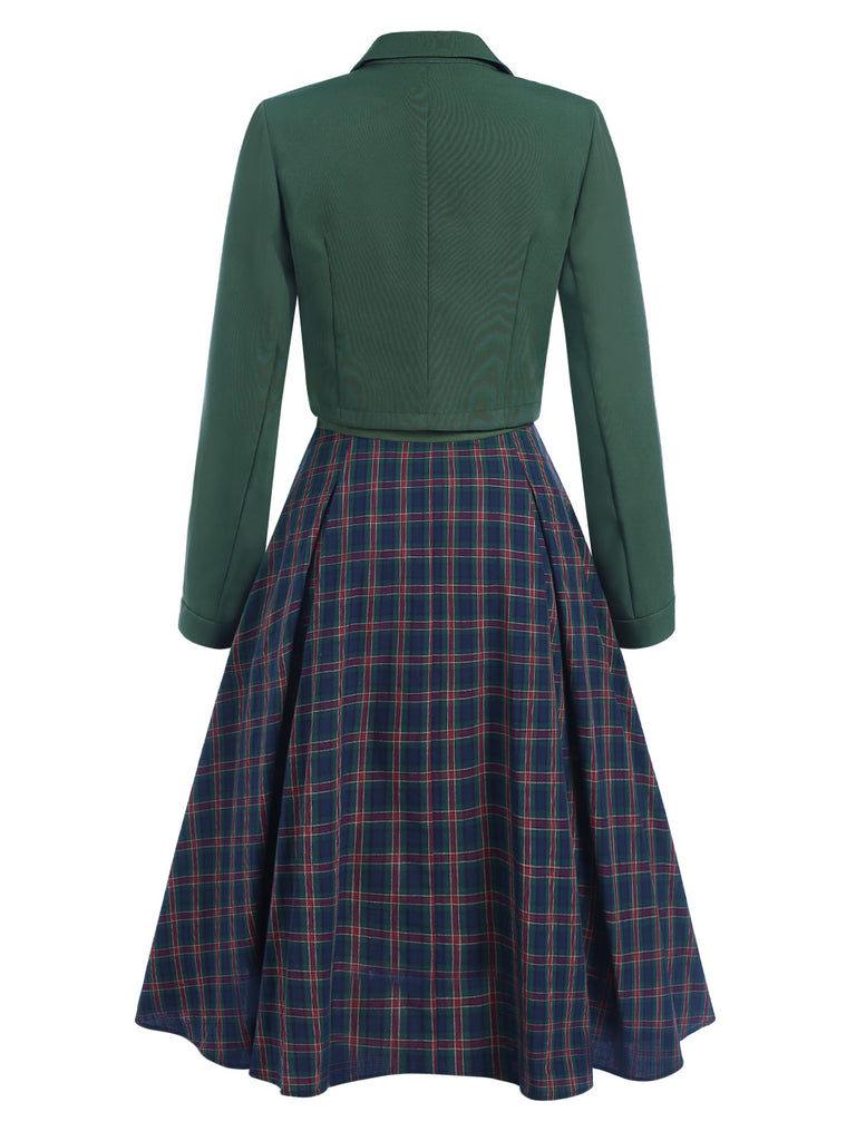 2PCS Grün 1940er Revers Knöpfen Blazer & Plaids Kleid