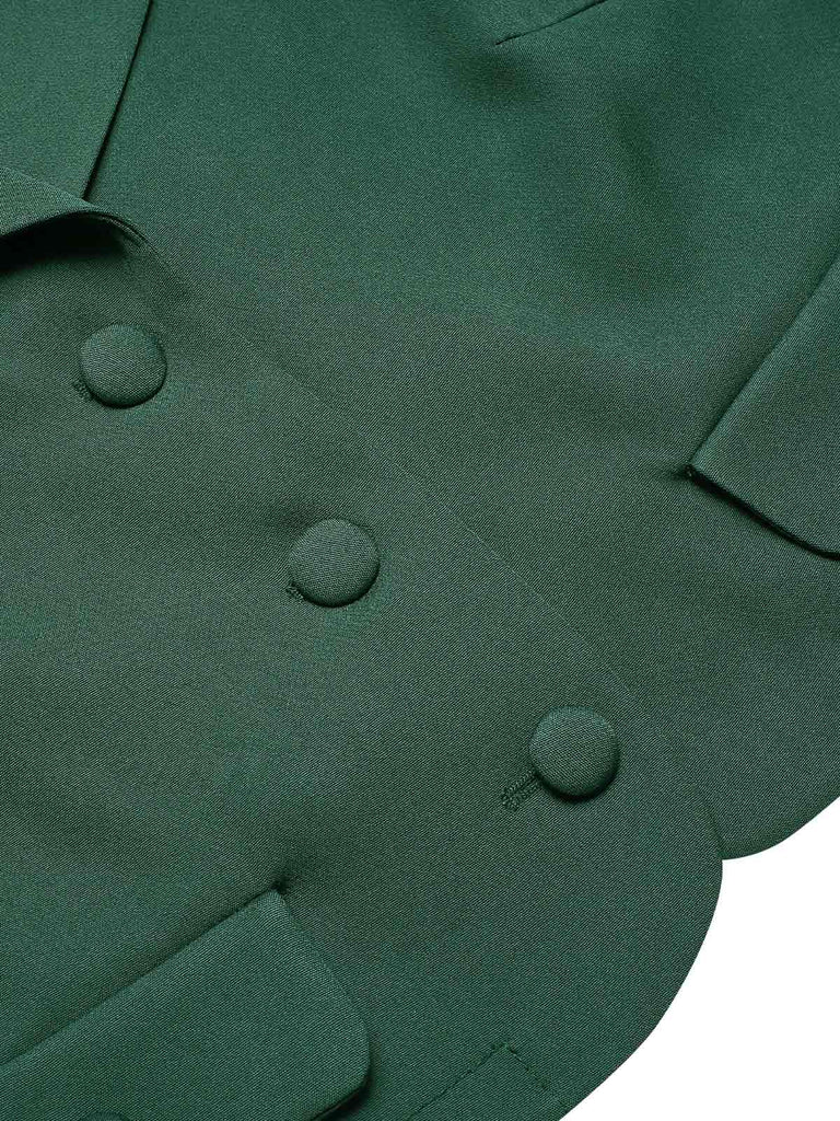 2PCS Grün 1940er Revers Knöpfen Blazer & Plaids Kleid