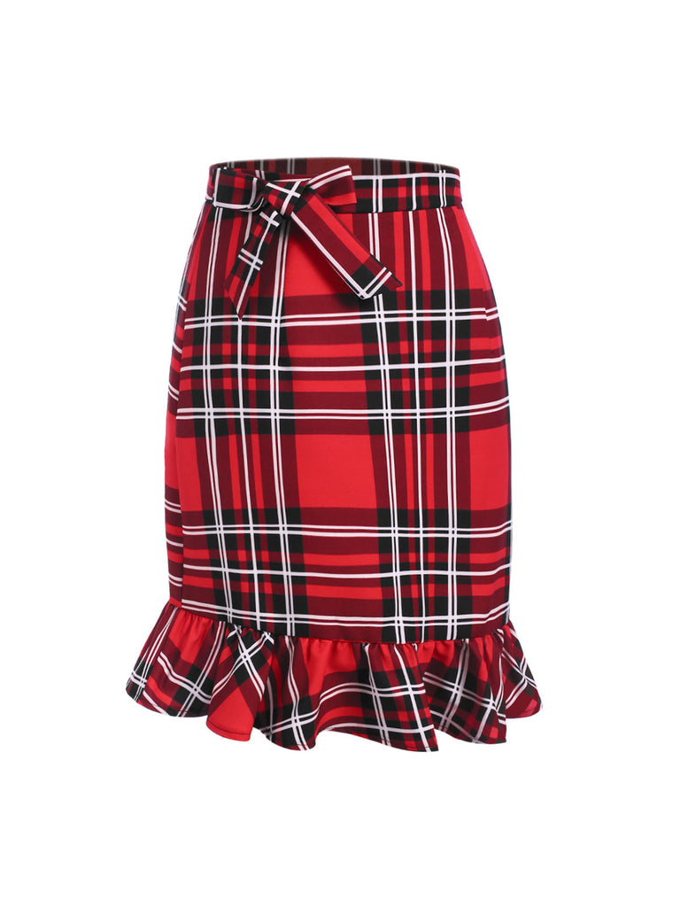 [Vorverkauf] Rot 1970er Tartan Plaids Bogen Rüschen Rock