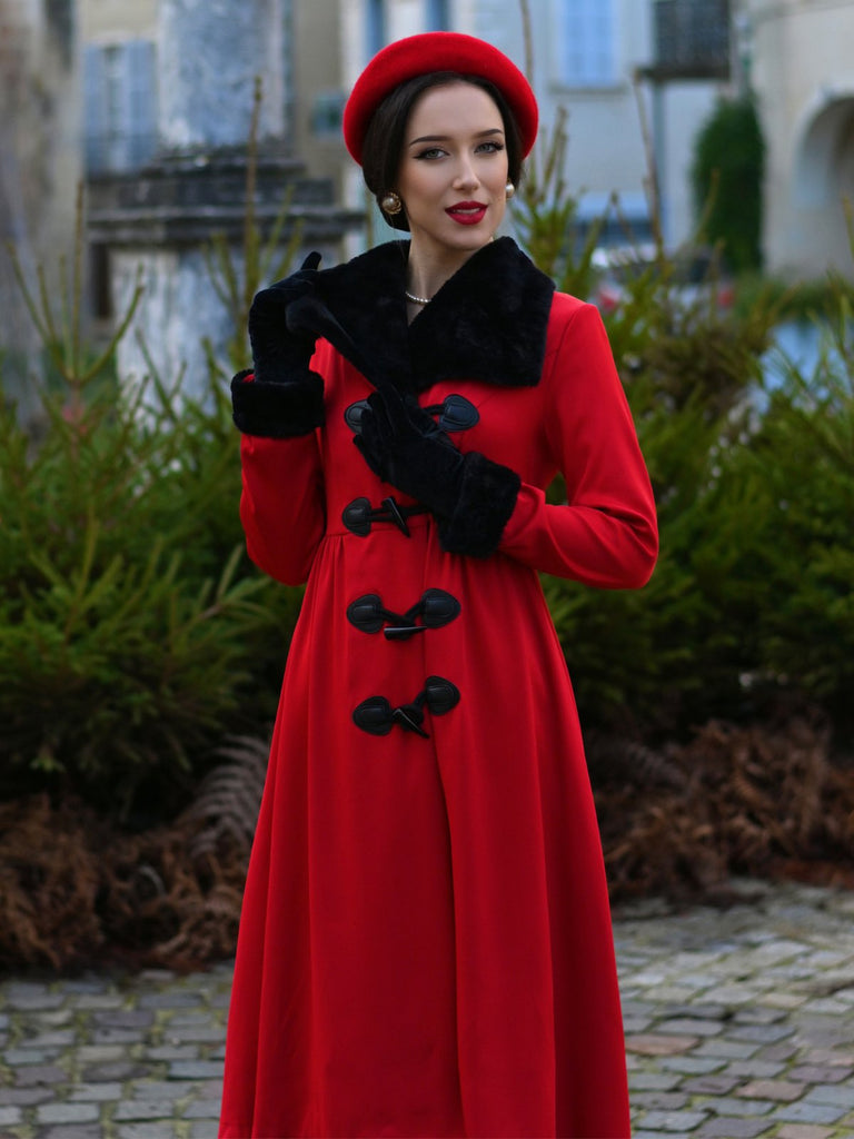 1950er Rot & Schwarz Pelzkragen Mantel