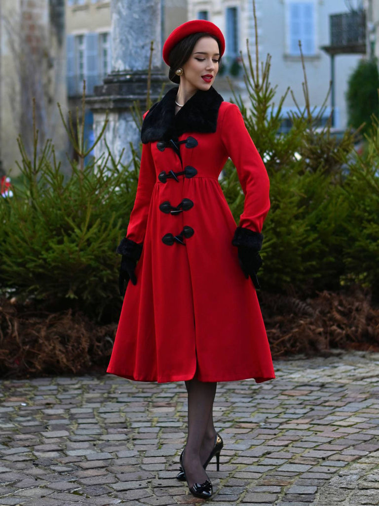 1950er Rot & Schwarz Pelzkragen Mantel