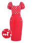 [Vorverkauf] Rot 1960er Polka Dots Knöpfen Puffärmel Kleid