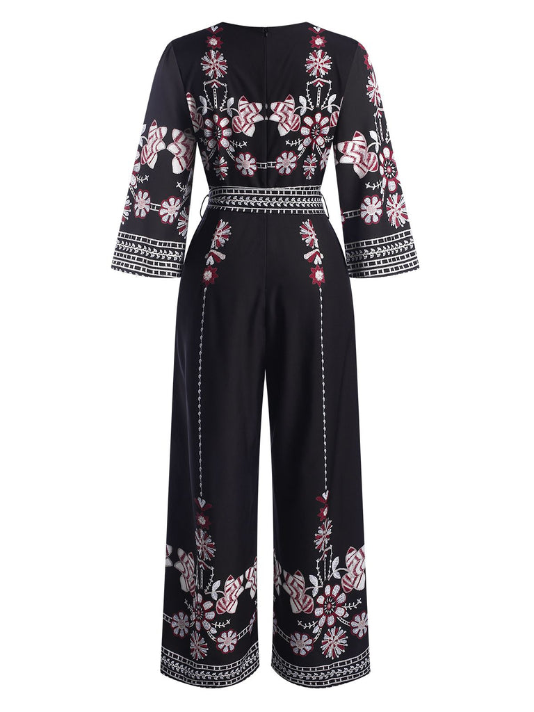 Schwarz 1930er Überkreuztes V-Ausschnitt Blumen Jumpsuit