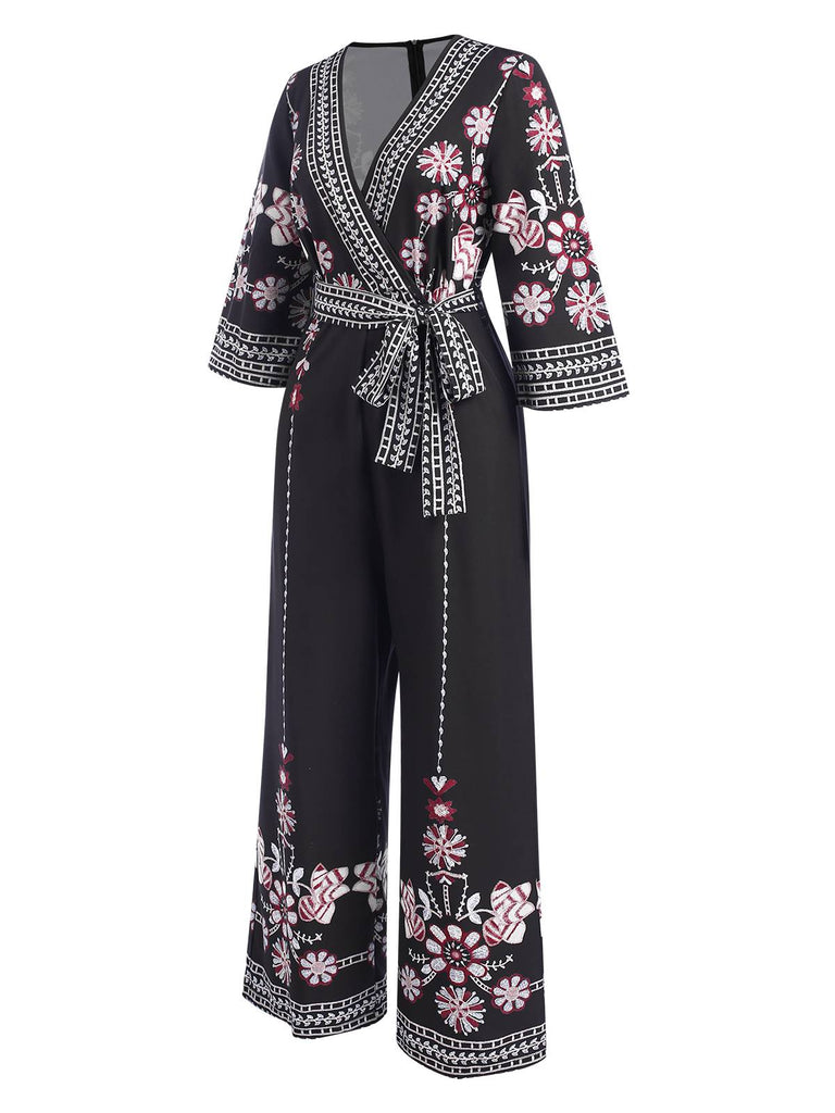 Schwarz 1930er Überkreuztes V-Ausschnitt Blumen Jumpsuit