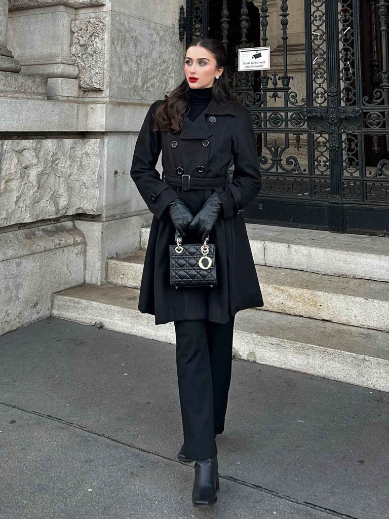 Schwarz 1950er Solide Farbe Revers Schmaler Mantel