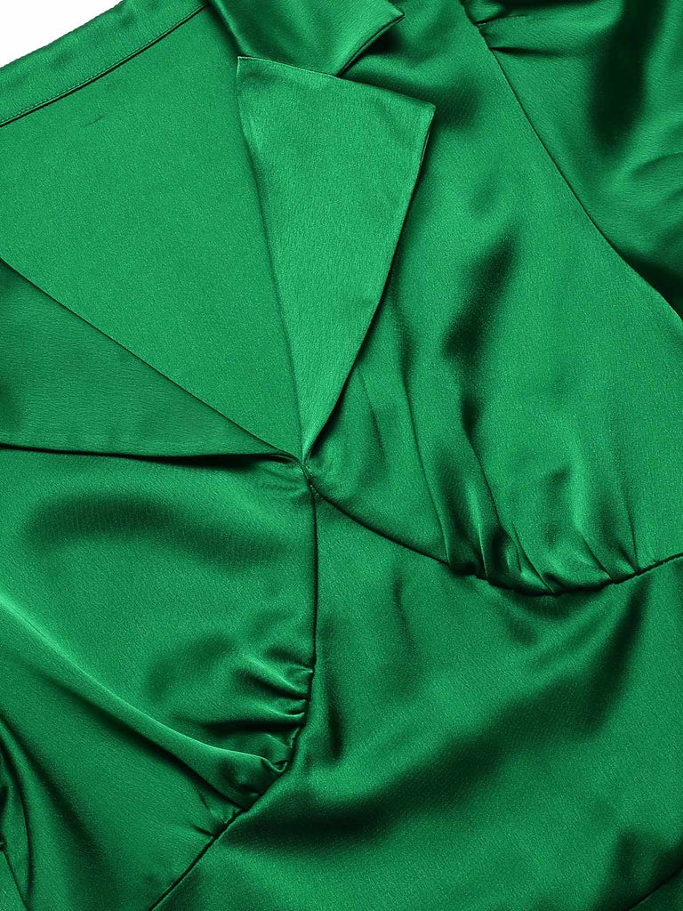 [Vorverkauf] Grün 1960er Revers Satin Puffärmel Gürtel Kleid