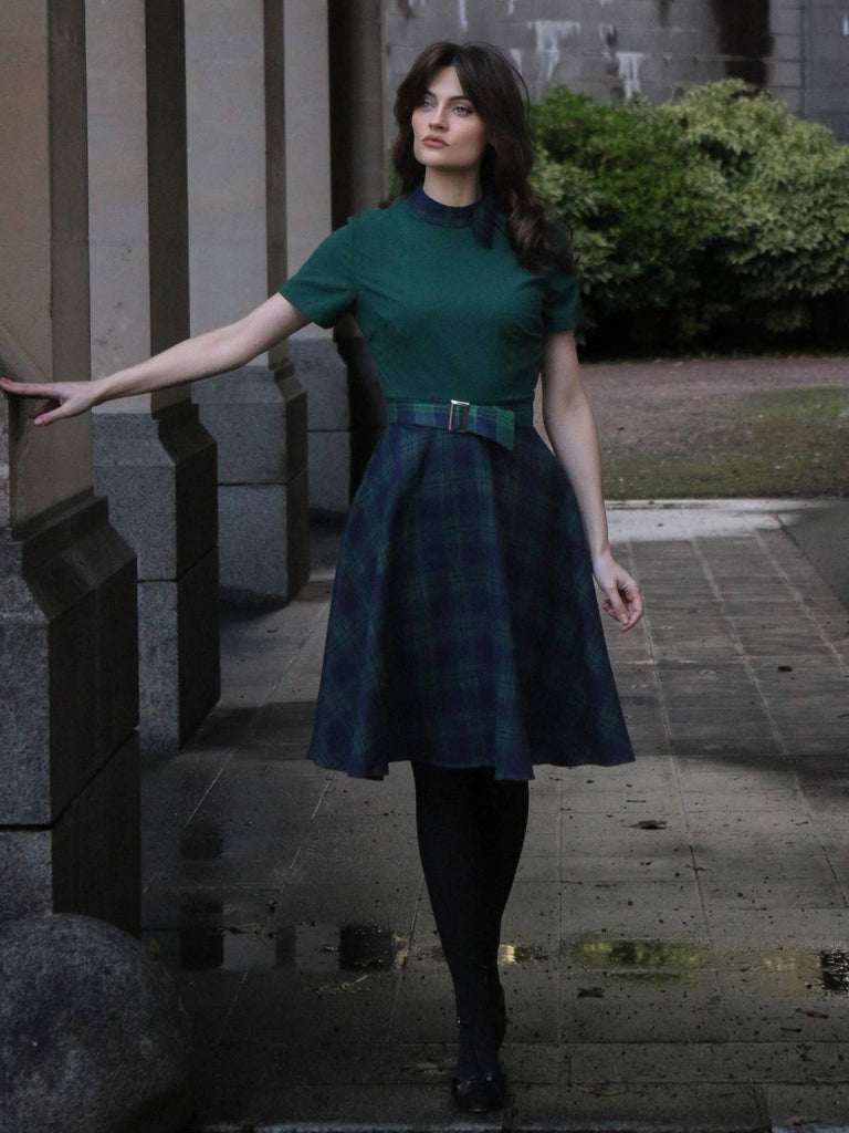 Grün 1950er Krawattenhals Plaids Patchwork Kleid