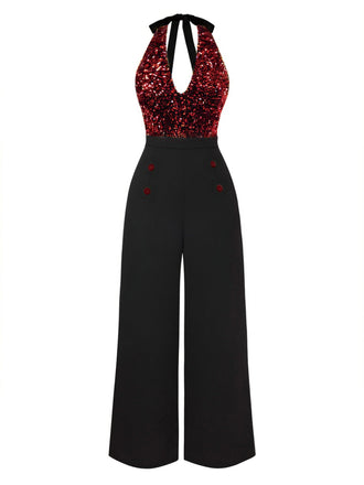 [Vorverkauf] Rot 1930er Wasserfallausschnitt Pailletten Jumpsuit