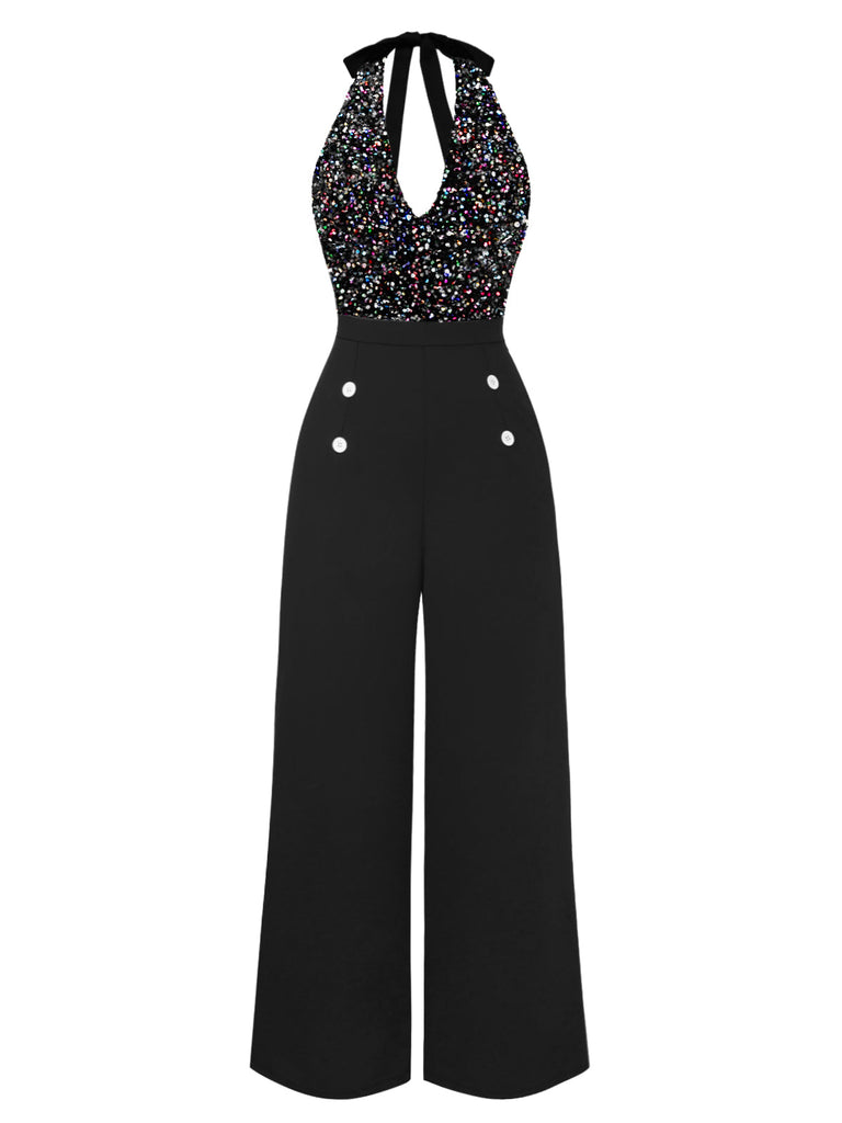 Schwarz 1930er Wasserfallausschnitt Pailletten Jumpsuit