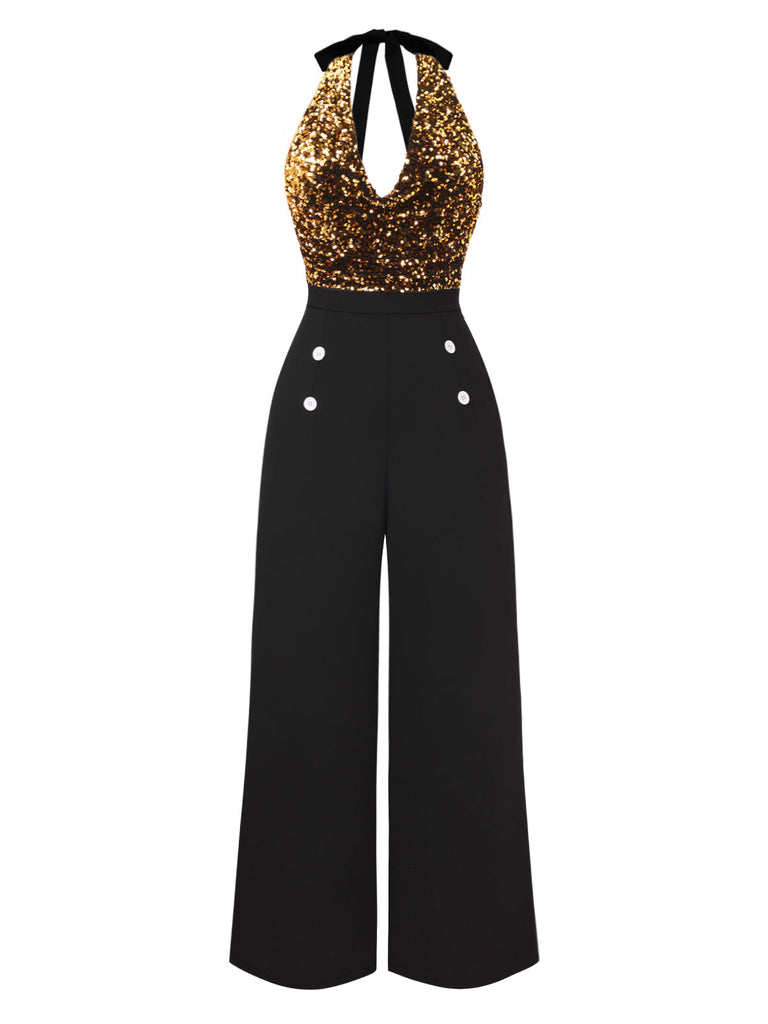 Schwarz 1930er Wasserfallausschnitt Pailletten Jumpsuit
