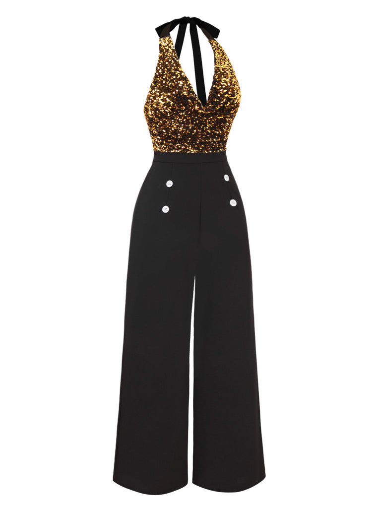 Schwarz 1930er Wasserfallausschnitt Pailletten Jumpsuit