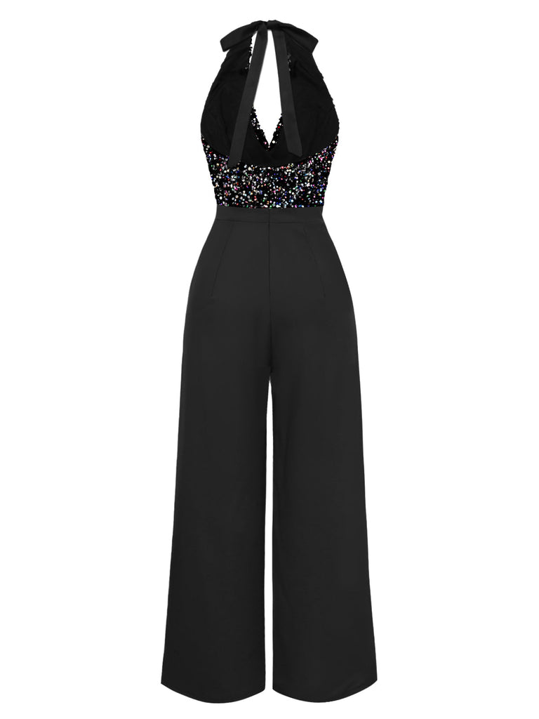 Schwarz 1930er Wasserfallausschnitt Pailletten Jumpsuit