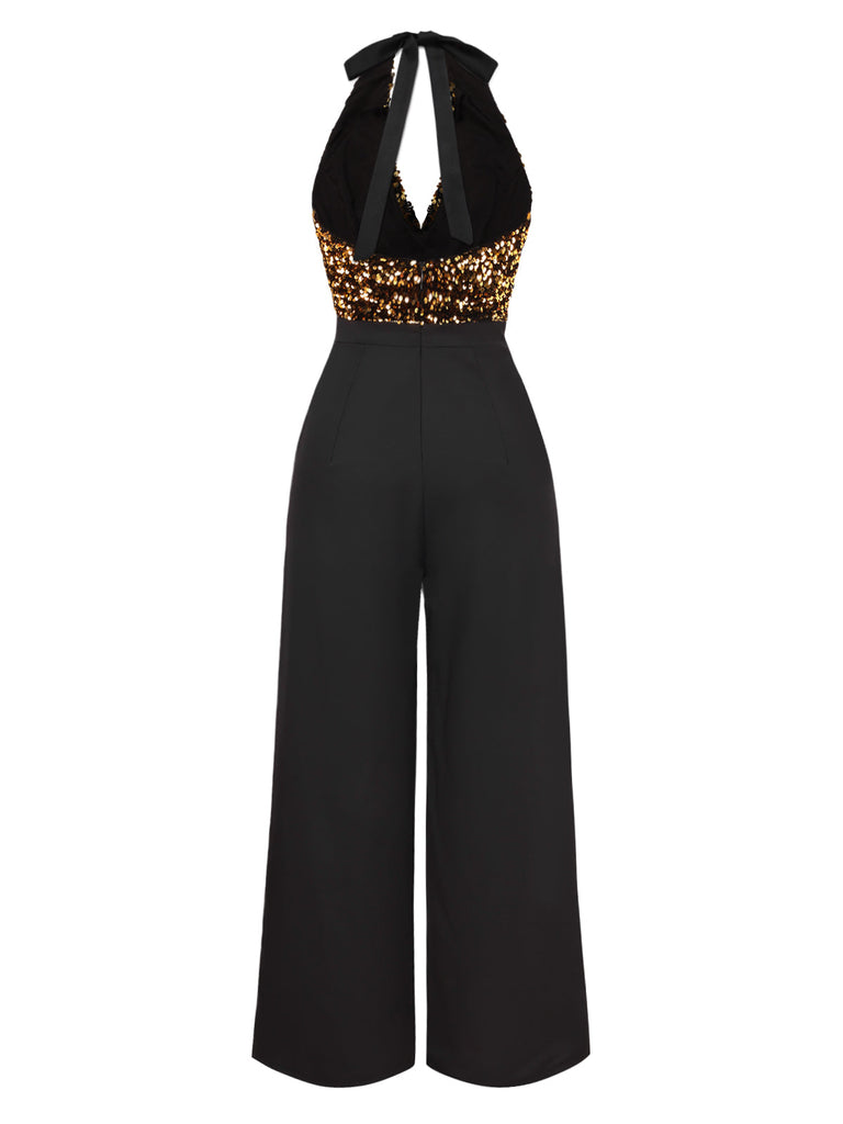 Gold 1930er Wasserfallausschnitt Pailletten Jumpsuit