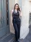 Schwarz 1930er Wasserfallausschnitt Pailletten Jumpsuit