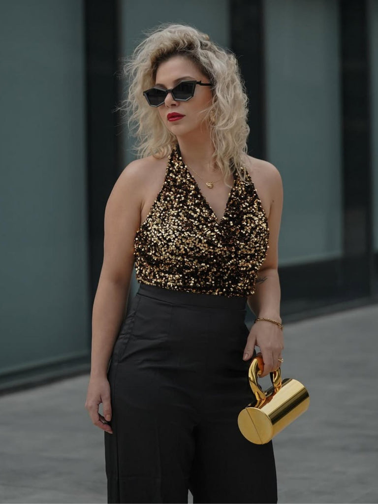 Gold 1930er Wasserfallausschnitt Pailletten Jumpsuit